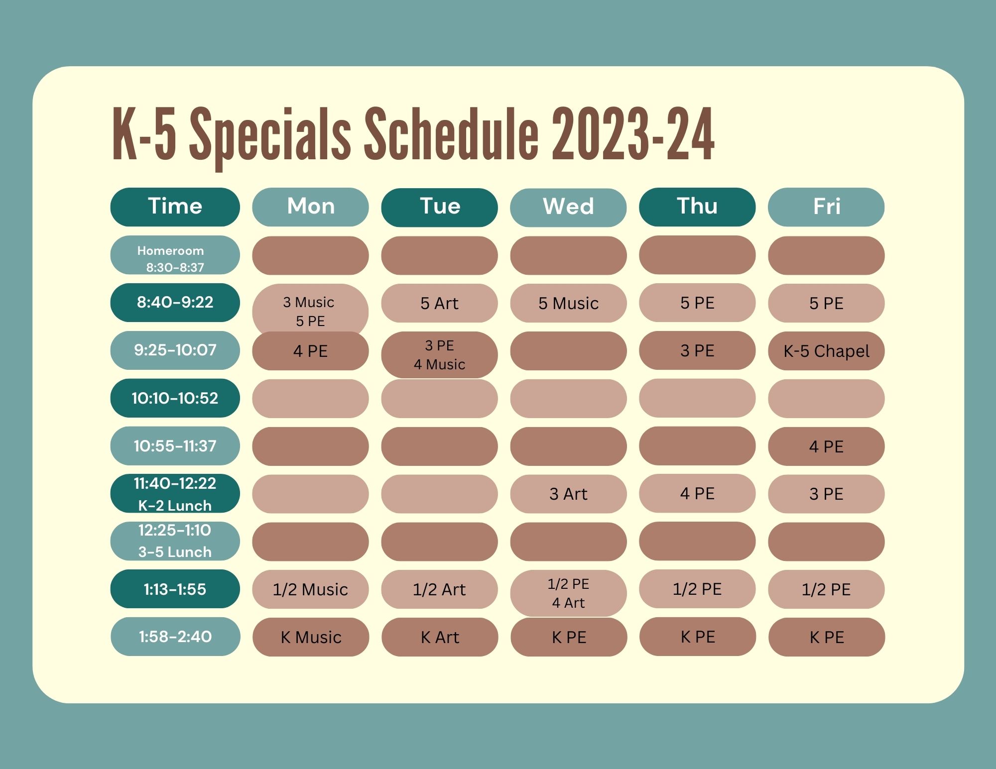 Elementary Specials Schedule Valley Stream Christian Academy